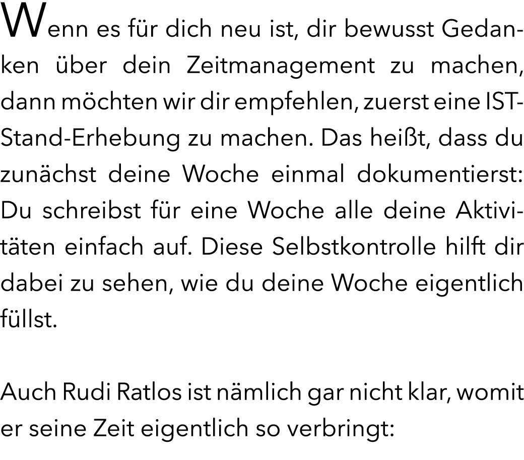 Wenn es f r dich neu ist, dir bewusst Gedanken ber dein Zeitmanagement zu machen, dann m chten wir dir empfehlen, zu...