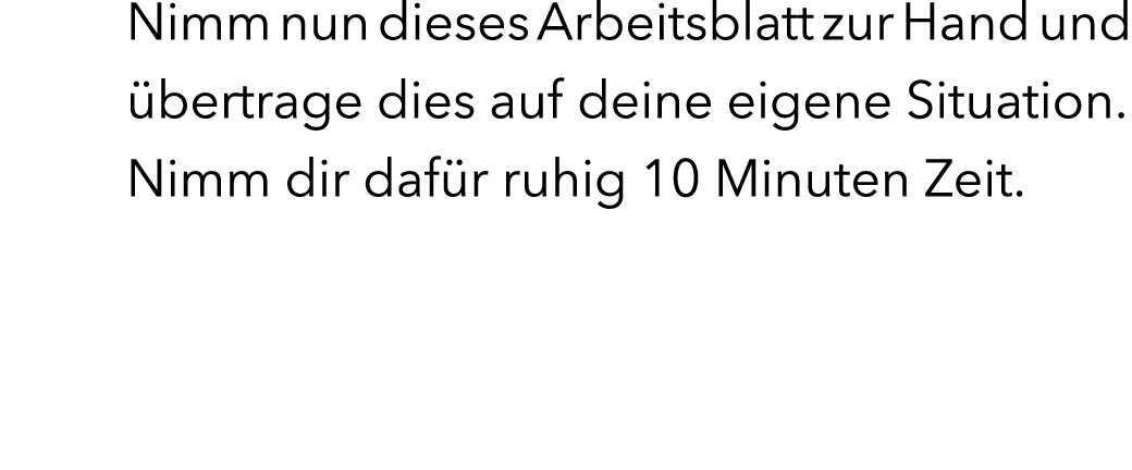 Nimm nun dieses Arbeitsblatt zur Hand und bertrage dies auf deine eigene Situation. Nimm dir daf r ruhig 10 Minuten ...