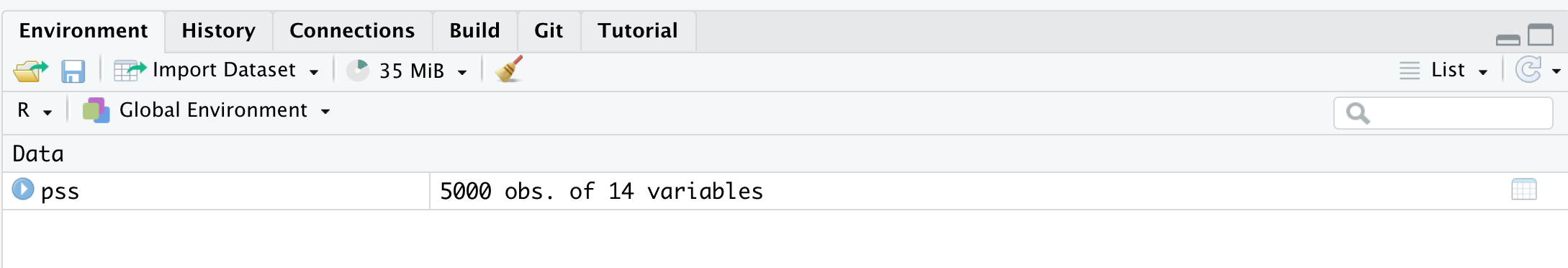 Example data frame in the Environment