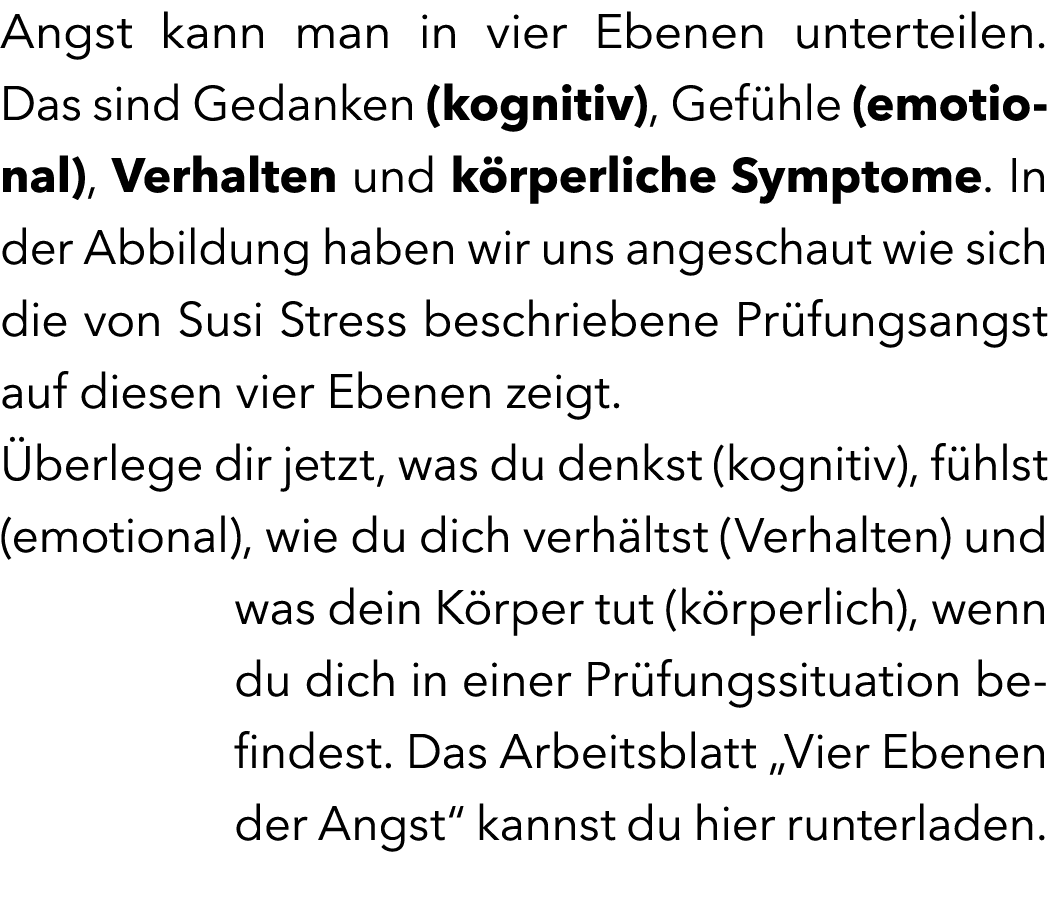 Angst kann man in vier Ebenen unterteilen. Das sind Gedanken (kognitiv), Gef hle (emotional), Verhalten und k rperlic...