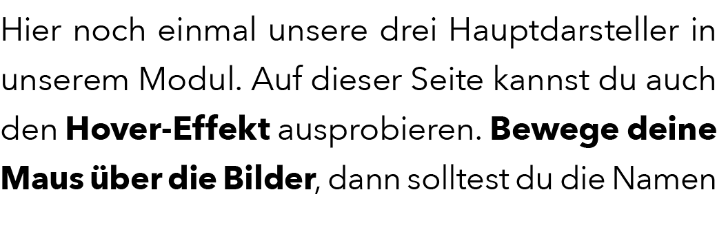 Hier noch einmal unsere drei Hauptdarsteller in unserem Modul. Auf dieser Seite kannst du auch den Hover Effekt auspr...