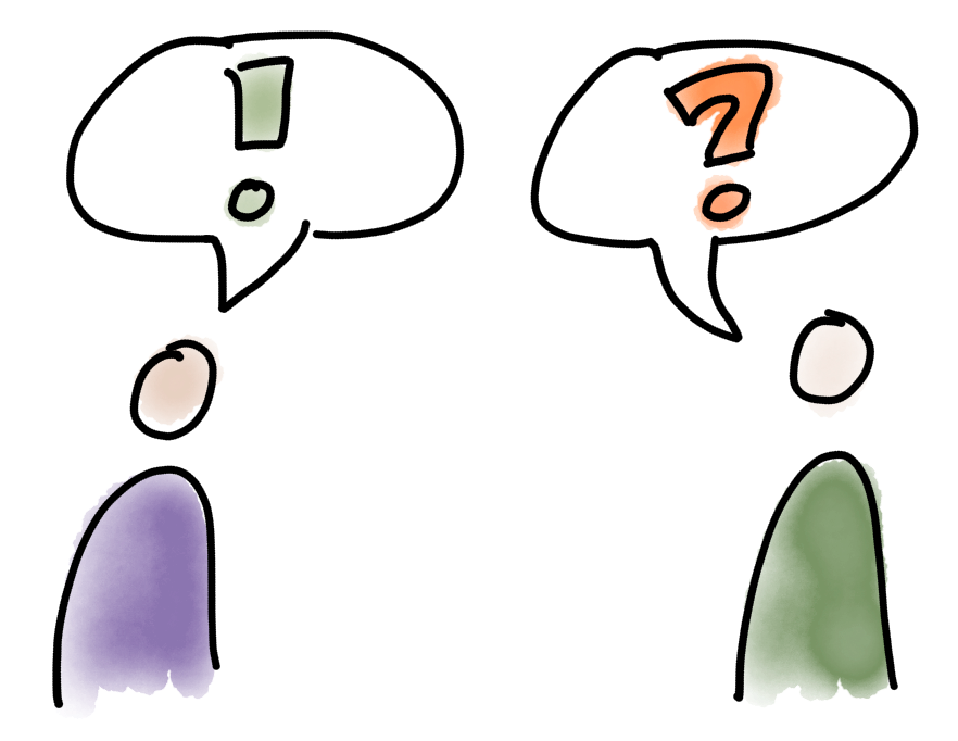Frage und Antwort (zwei einander zugewandte Personen: der rechte mit Sprechblase mit Fragezeichen, der linke mit Sprechblase mit Ausrufezeichen)