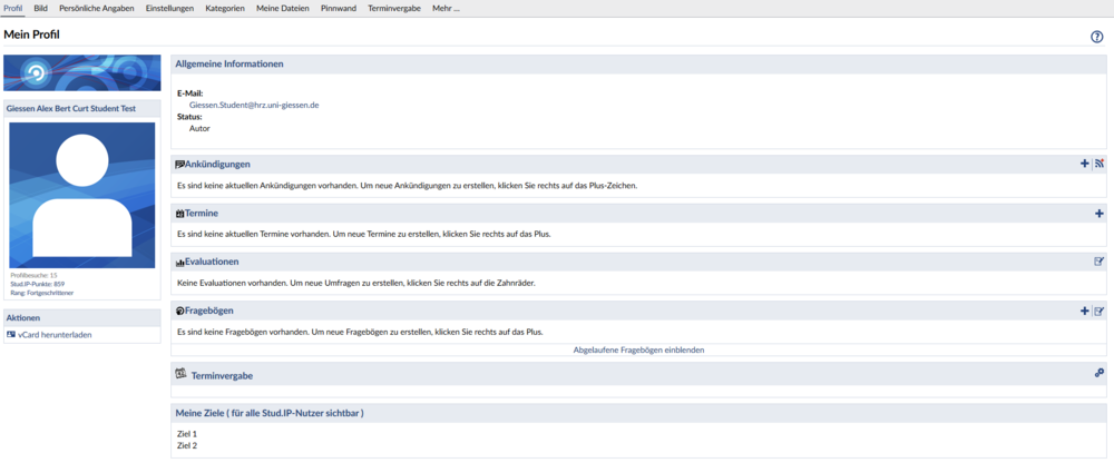 Profilseite: In diesem Bereich können Sie ein Profilbild heraufladen und weiter Angaben machen. Je umfangreicher Sie das System nutzen, umso höher steigt übrigens Ihr internes Ranking im System, der so genannte Stud.IP-Score