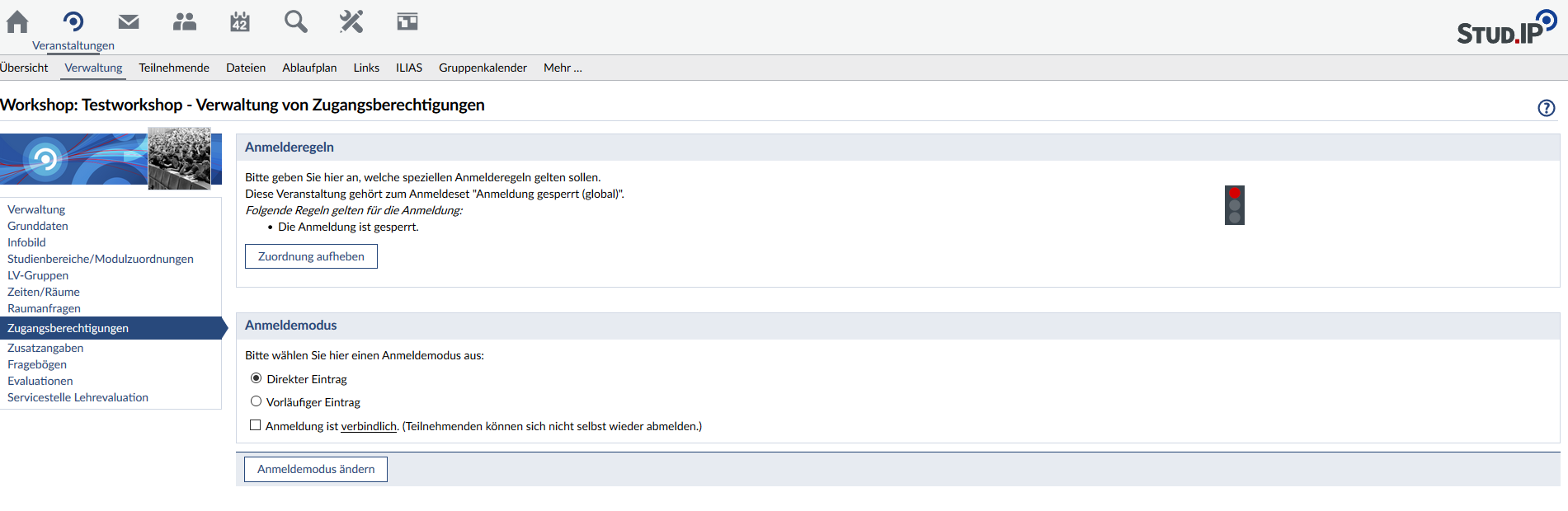 Darstellung der Stud.IP-Oberfläche zum Ändern der Zugangsberechtigung für eine Veranstaltung