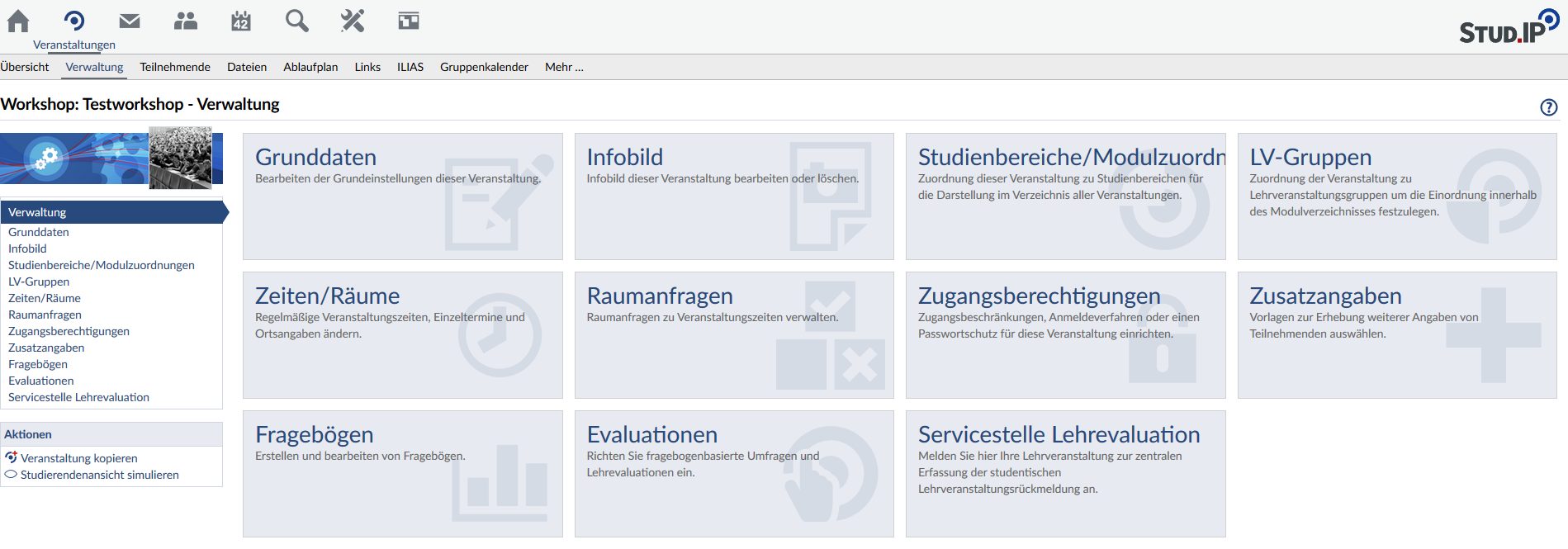 Anzeige der Optionen im Bereich Verwaltung von Veranstaltungen