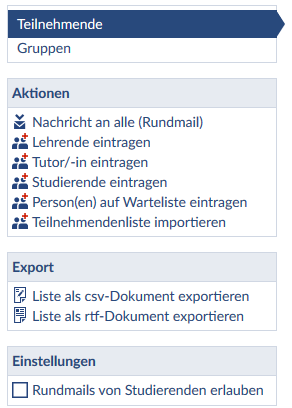 Aktionen, die im Bereich "Teilnehmer" ausgeführt werden können
