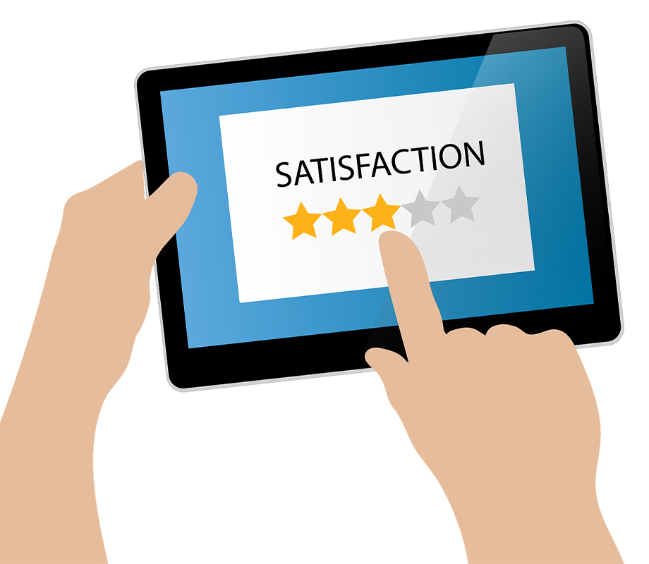 Ein Tabletbildschirm mit der Überschrift Satisfaction und einer Bewertung mit drei von 5 Sternchen