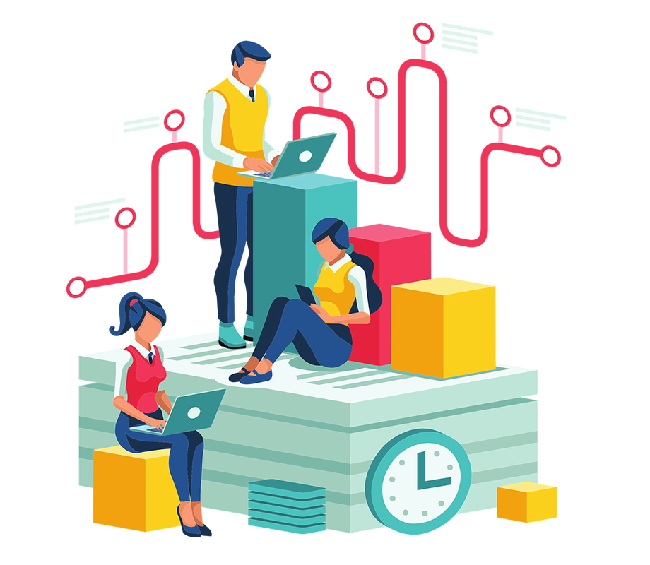 Personen, die verteilt an modernen Sitzwürfeln mit Endgeräten arbeiten