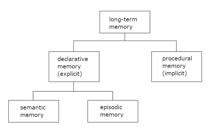 Baumdiagramm. Einteilung des Langzeitgedächtnisses in deklaratives Gedächtnis (explizit) und prozedurales Gedächtnis (implizit). Einteilung des deklarativen Gedächtnisses in  semantisches Gedächtnis und episodisches Gedächtnis.
