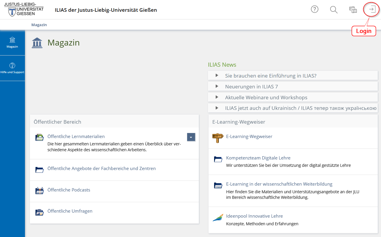 Startseite zum Login in ILIAS