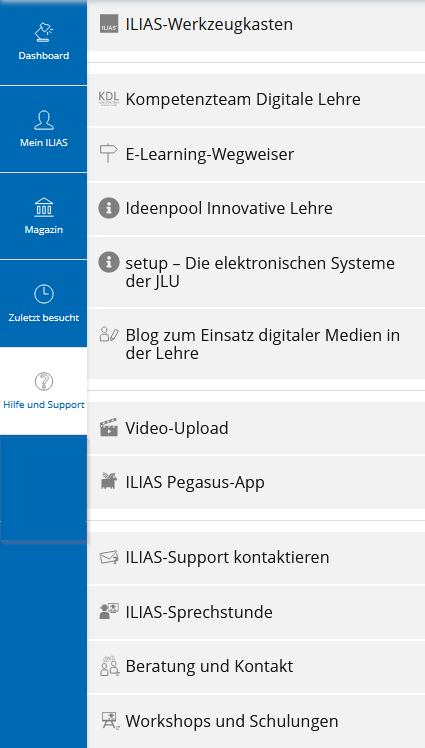 Untermenü von "Hilfe und Support"
