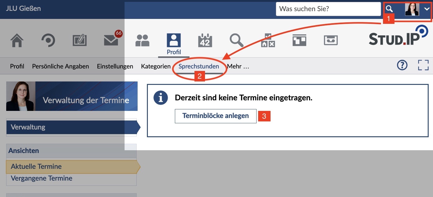 Über das Profil in Stud.IP könnnen Sprechstunden angelegt werden. Screenshot