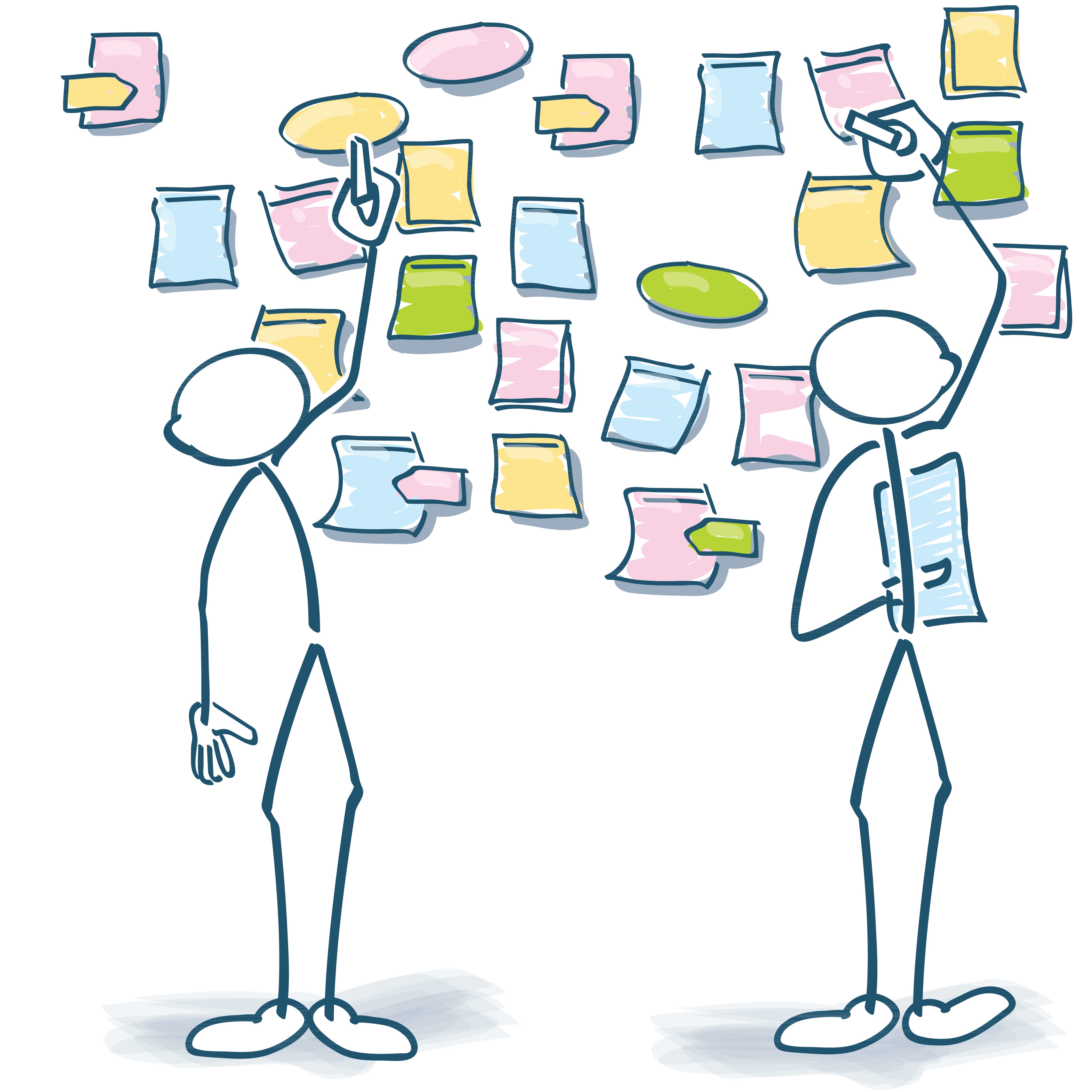 Schmuckgrafik: Strichmännchen vor Post-Its-Board