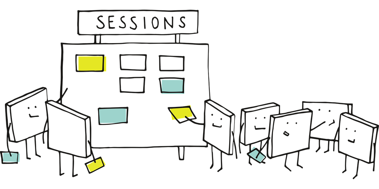 Schmuckgrafik: Strichmännchen vor Post-Its-Board